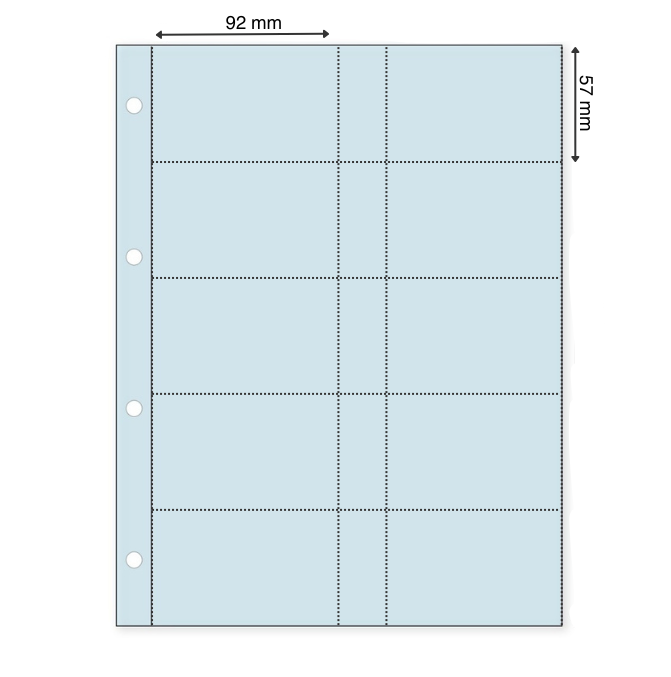 Light blue illustration representing a transparent album page with the pocket dimensions on a white background