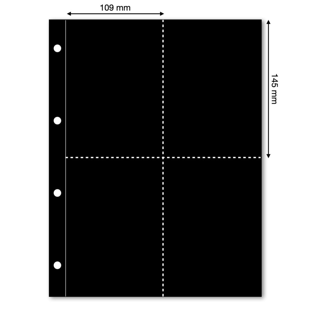 Black illustration representing an album page with the pocket dimensions on a white background