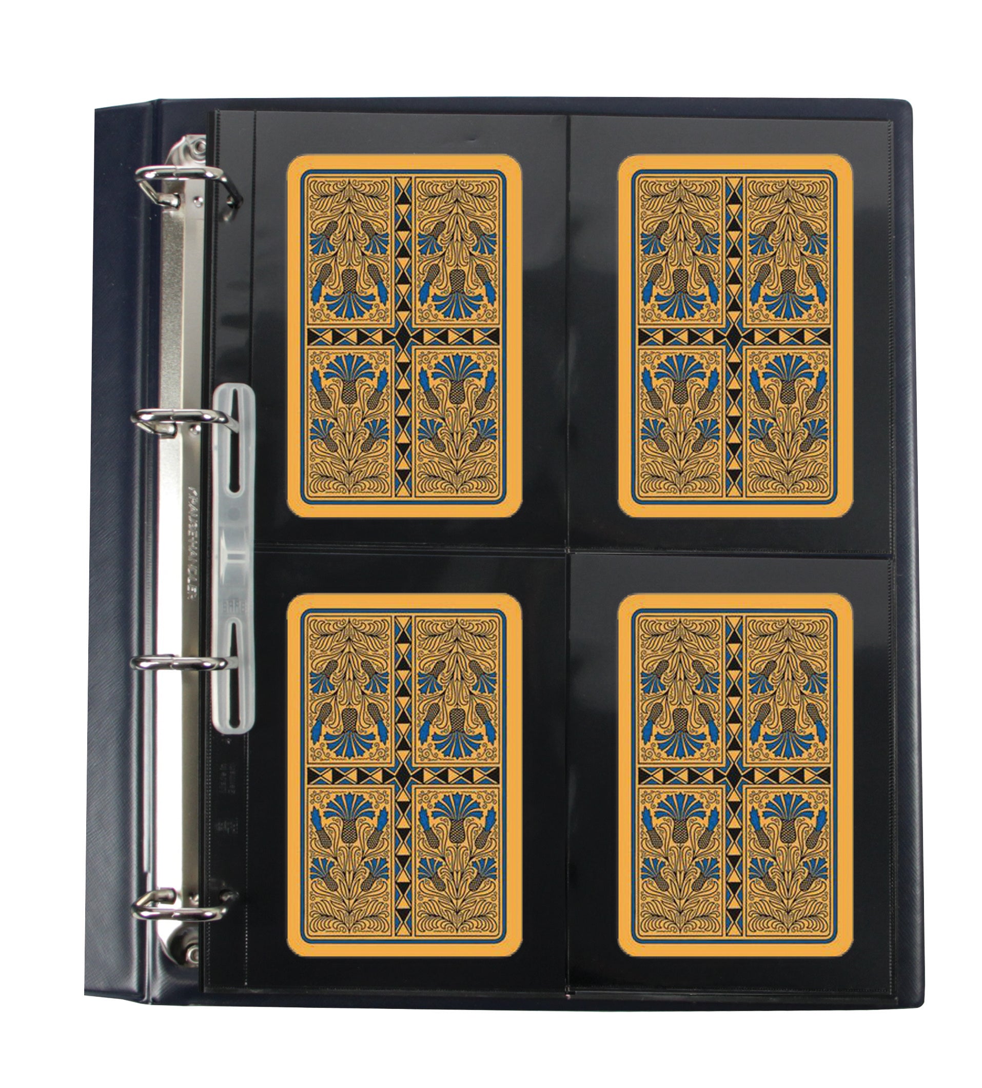 Open blue collection album displaying a page with the backs of decorative collectible tarot cards showing on a white background