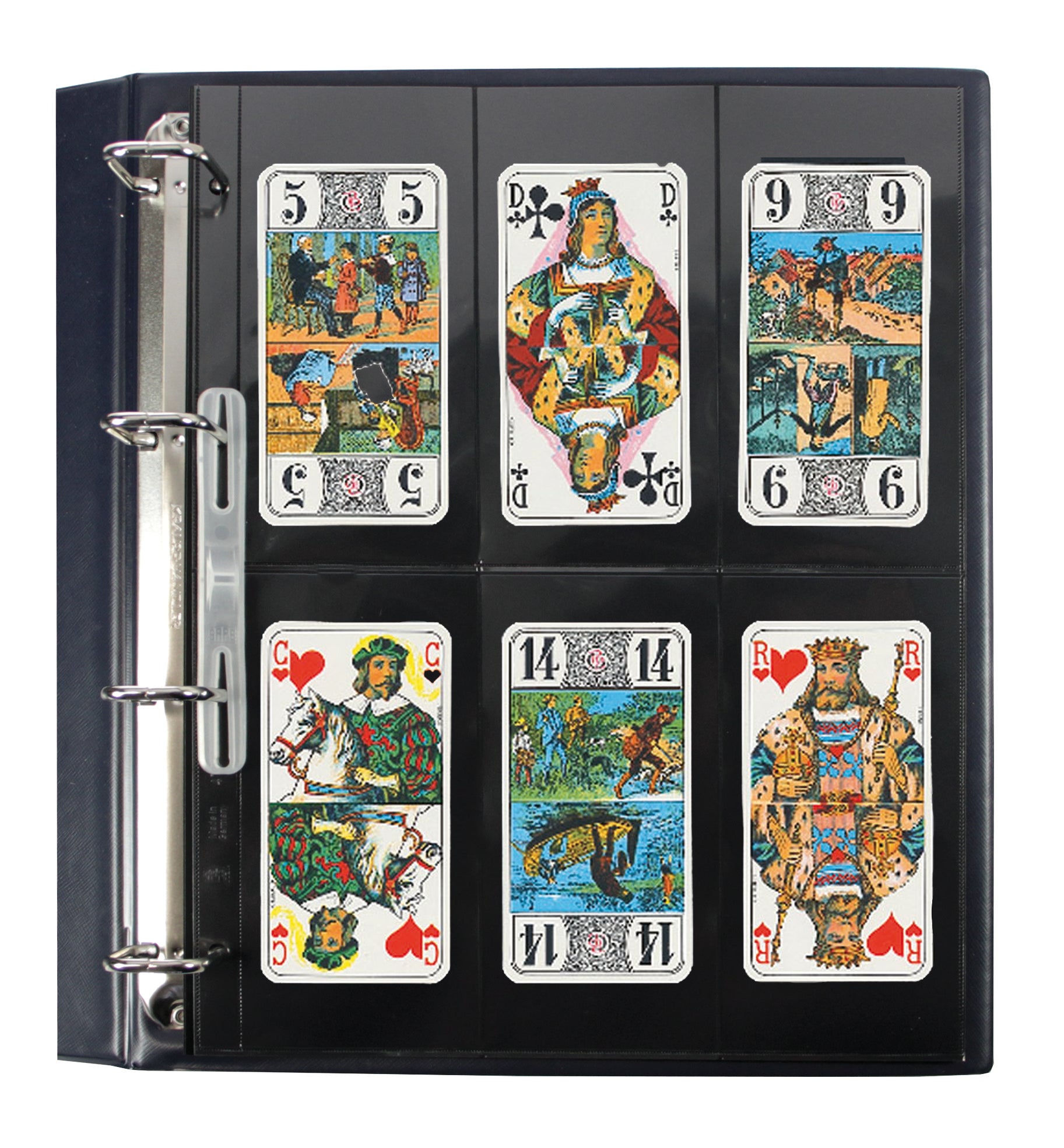 Open blue collection album displaying a page with oversized colorful playing cards on a white background