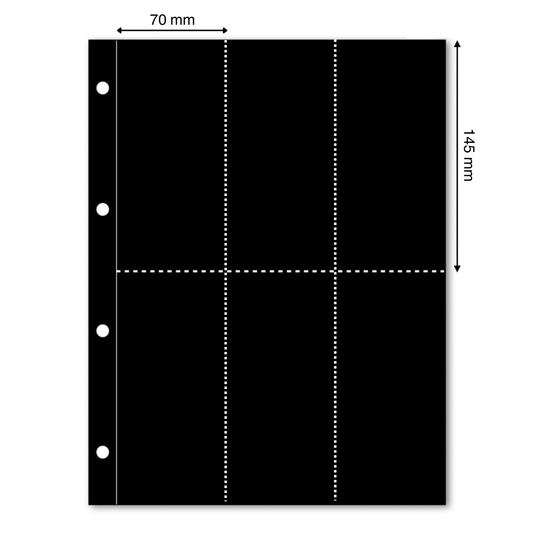 Black illustration representing an album page with the pocket dimensions on a white background