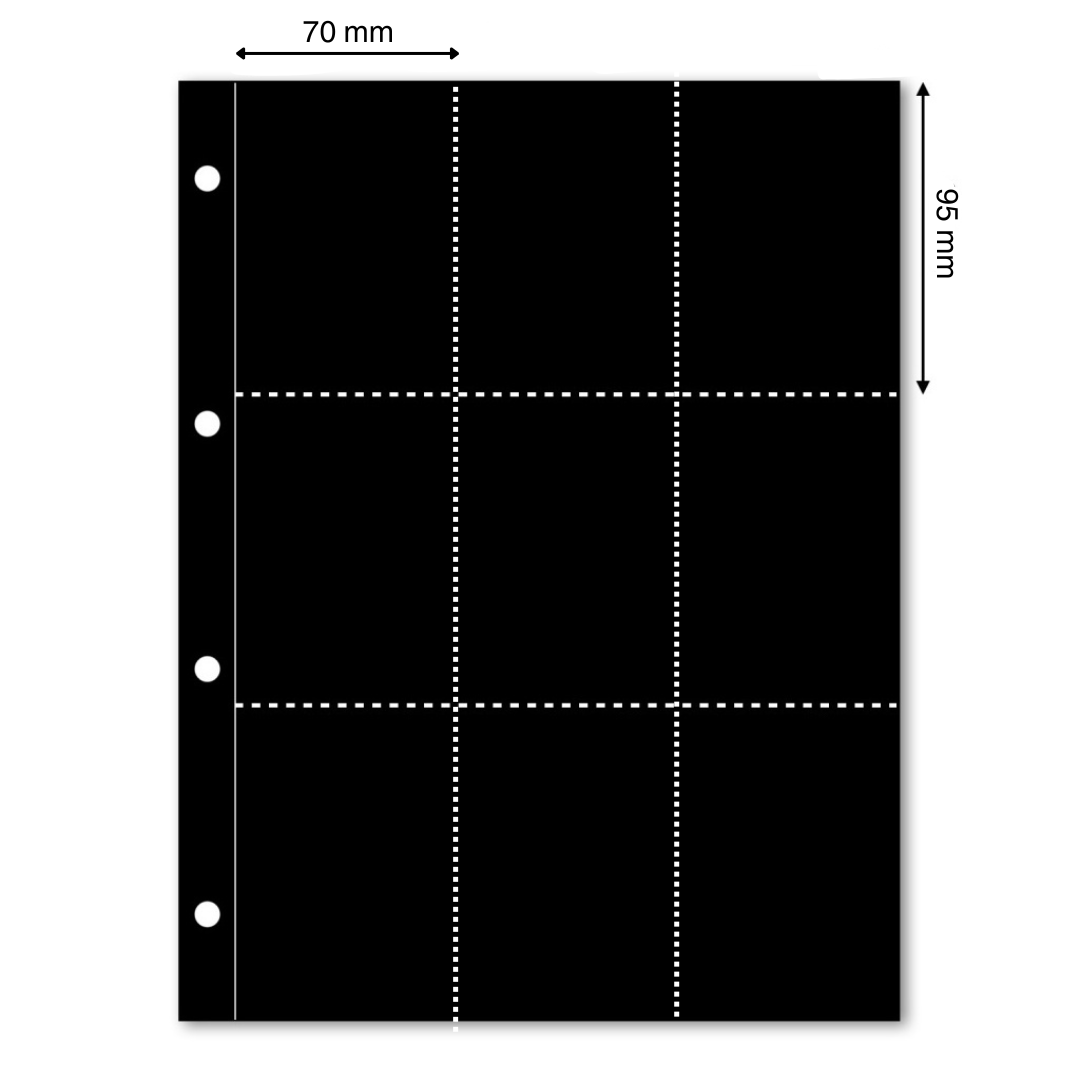 Black illustration representing an album page with the pocket dimensions on a white background