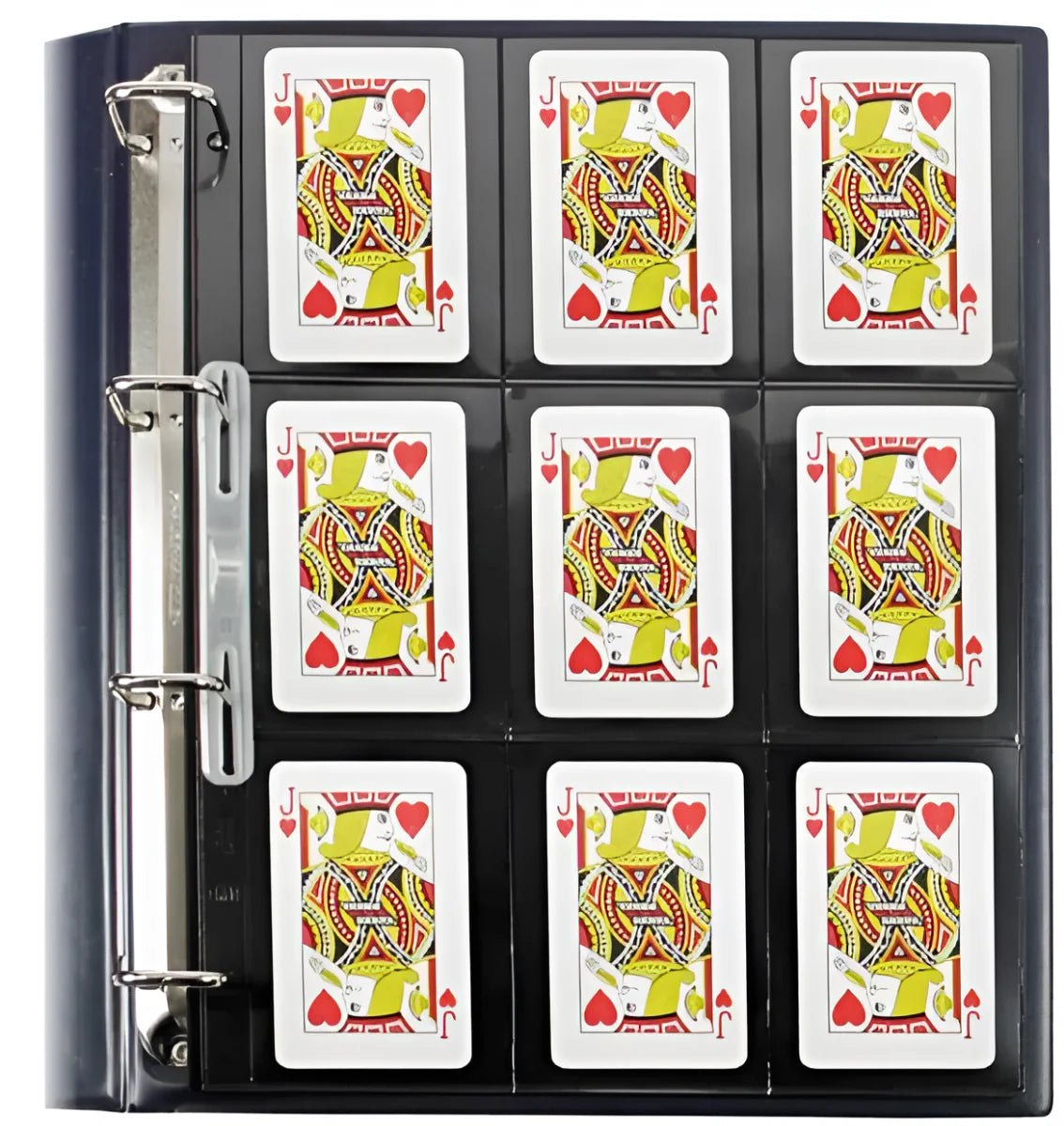 Open blue collection album displaying a page with king of hearts playing cards on a white background