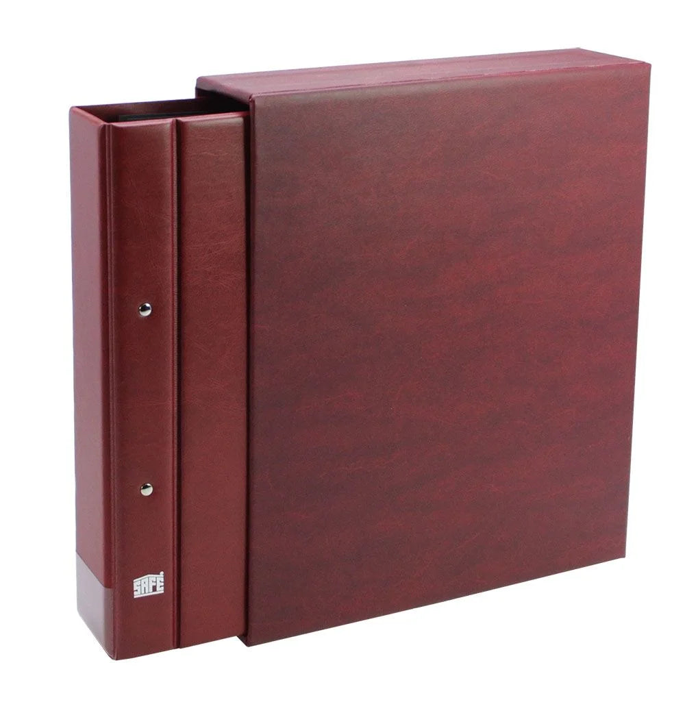 Red album binder for flat collectibles with the SAFE logo peaking out of matching slipcase on a white background