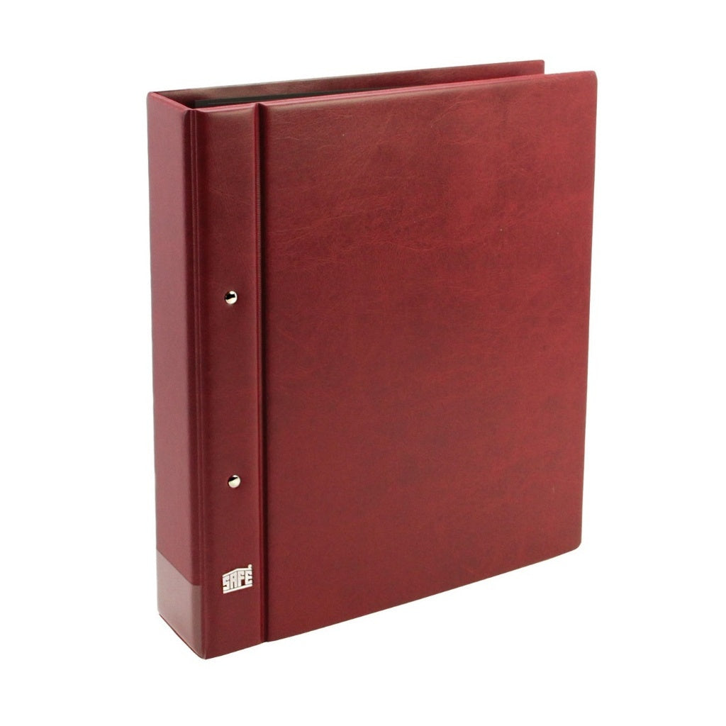 Red album binder for flat collectibles with the SAFE logo on a white background