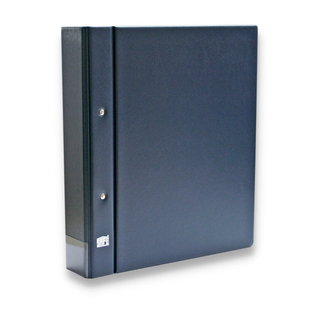 Blue album binder for flat collectibles with the SAFE logo on a white background