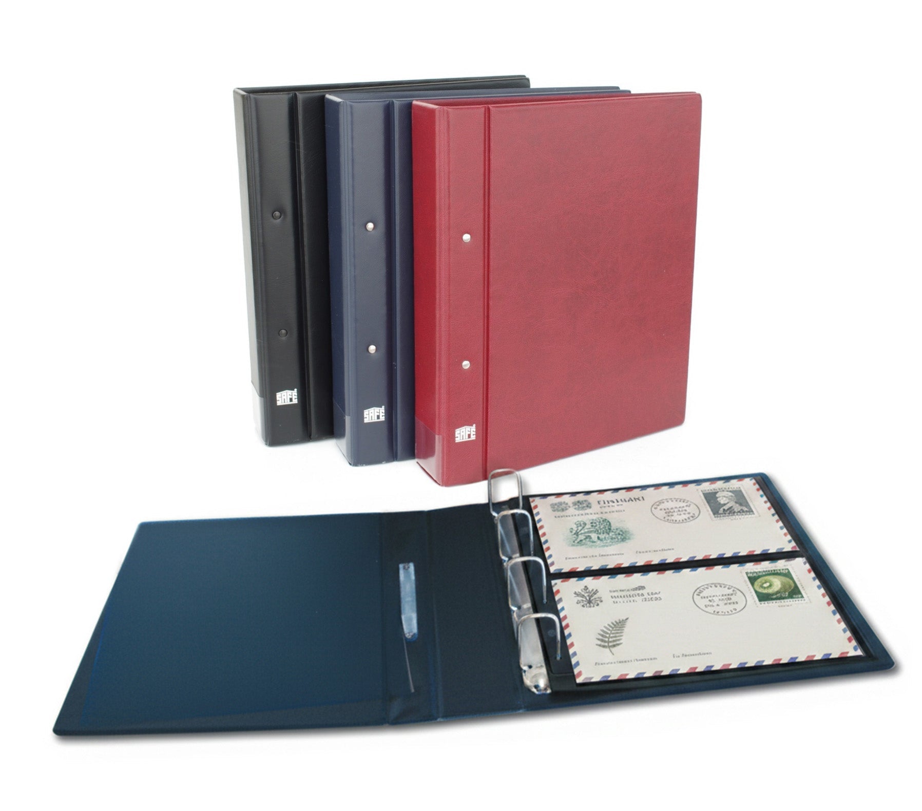 Red, black and navy blue Collecto 4-Ring Albums with a focus on an open binder displaying 2 collectible envelopes / covers.