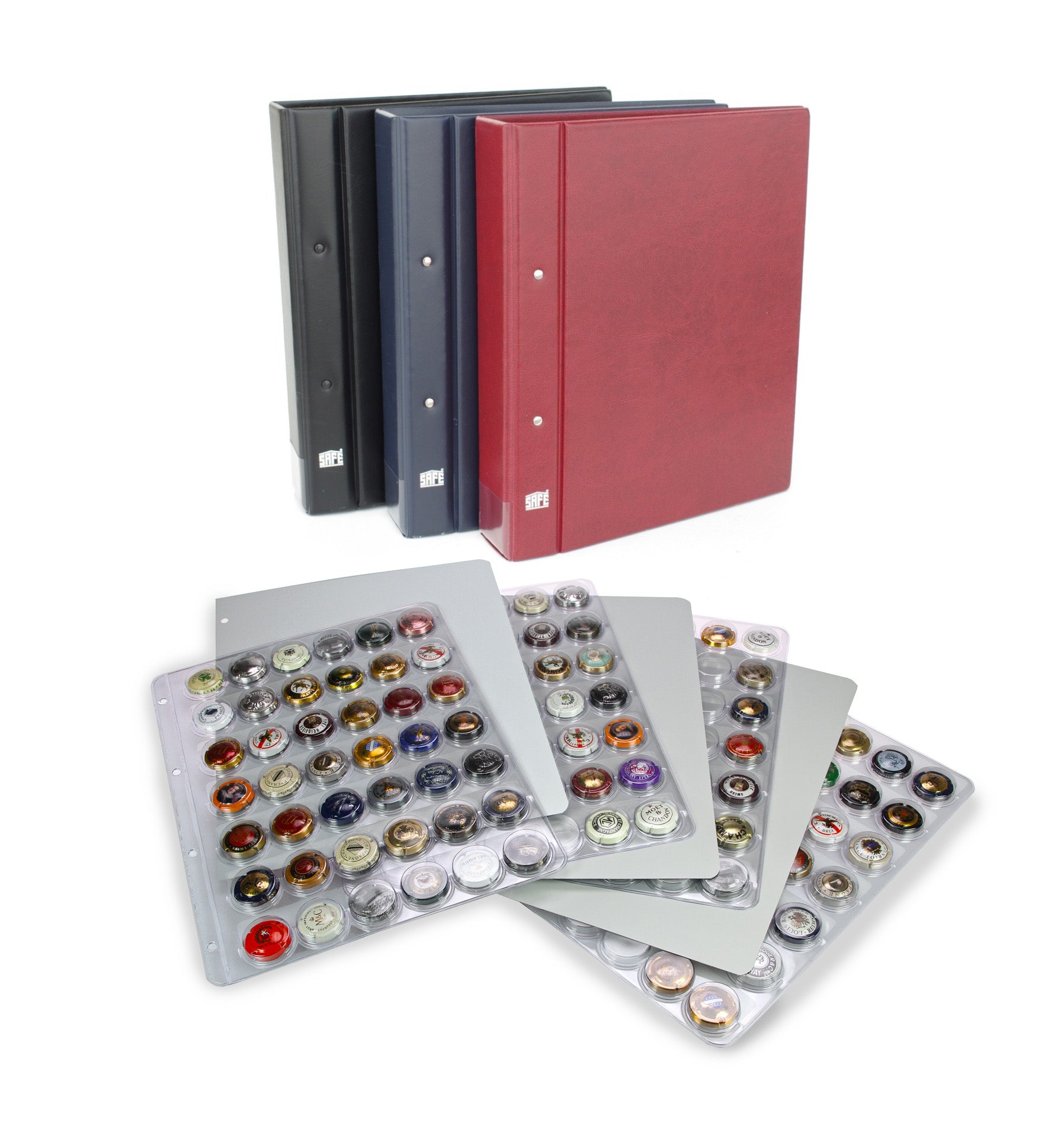 Red, black and navy blue Collecto 4-Ring Albums with a focus on a spread of Collecto bottle cap pages.