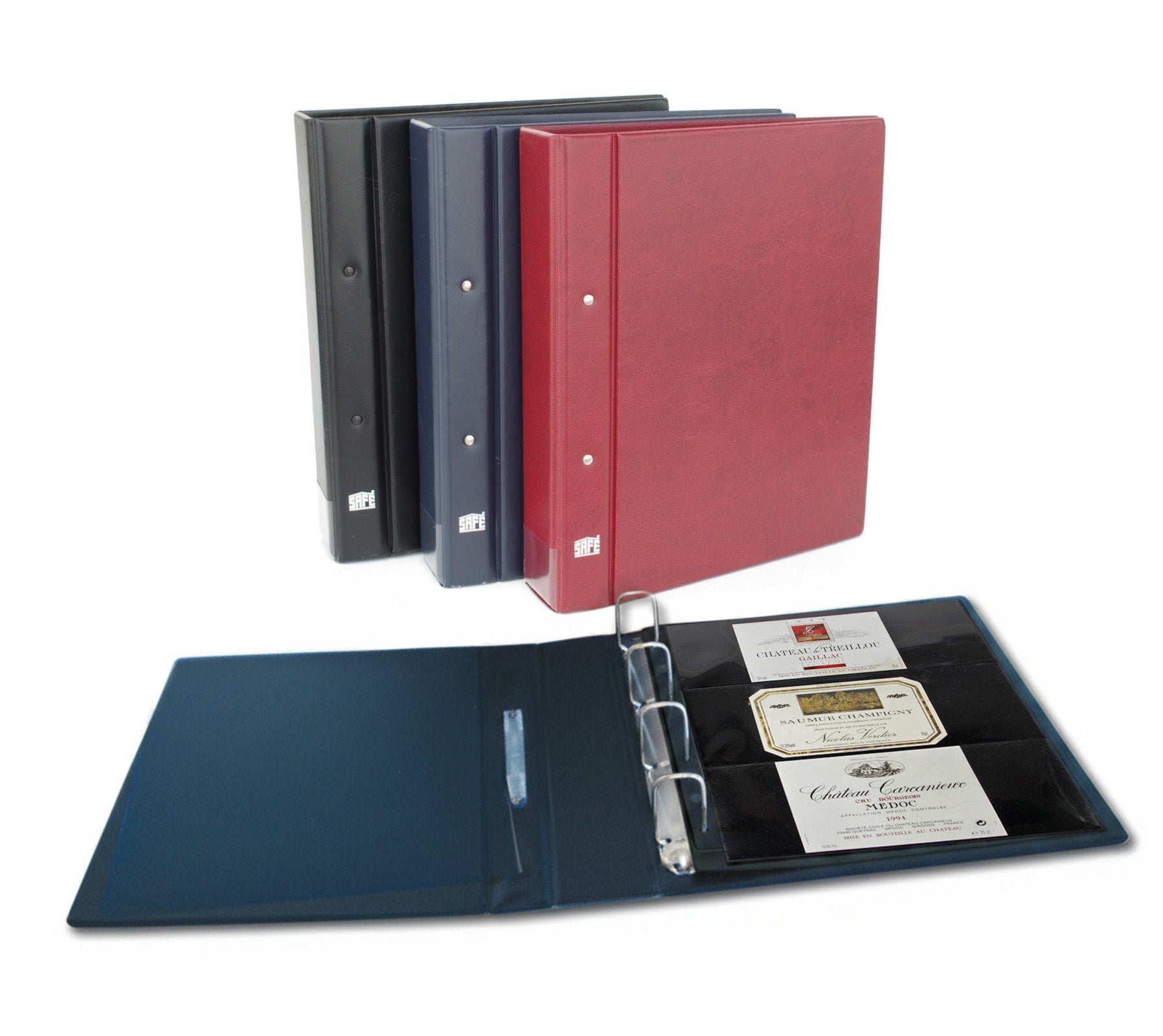 Red, black and navy blue Collecto 4-Ring Albums with a focus on an open binder displaying 3 collectible champagne labels.