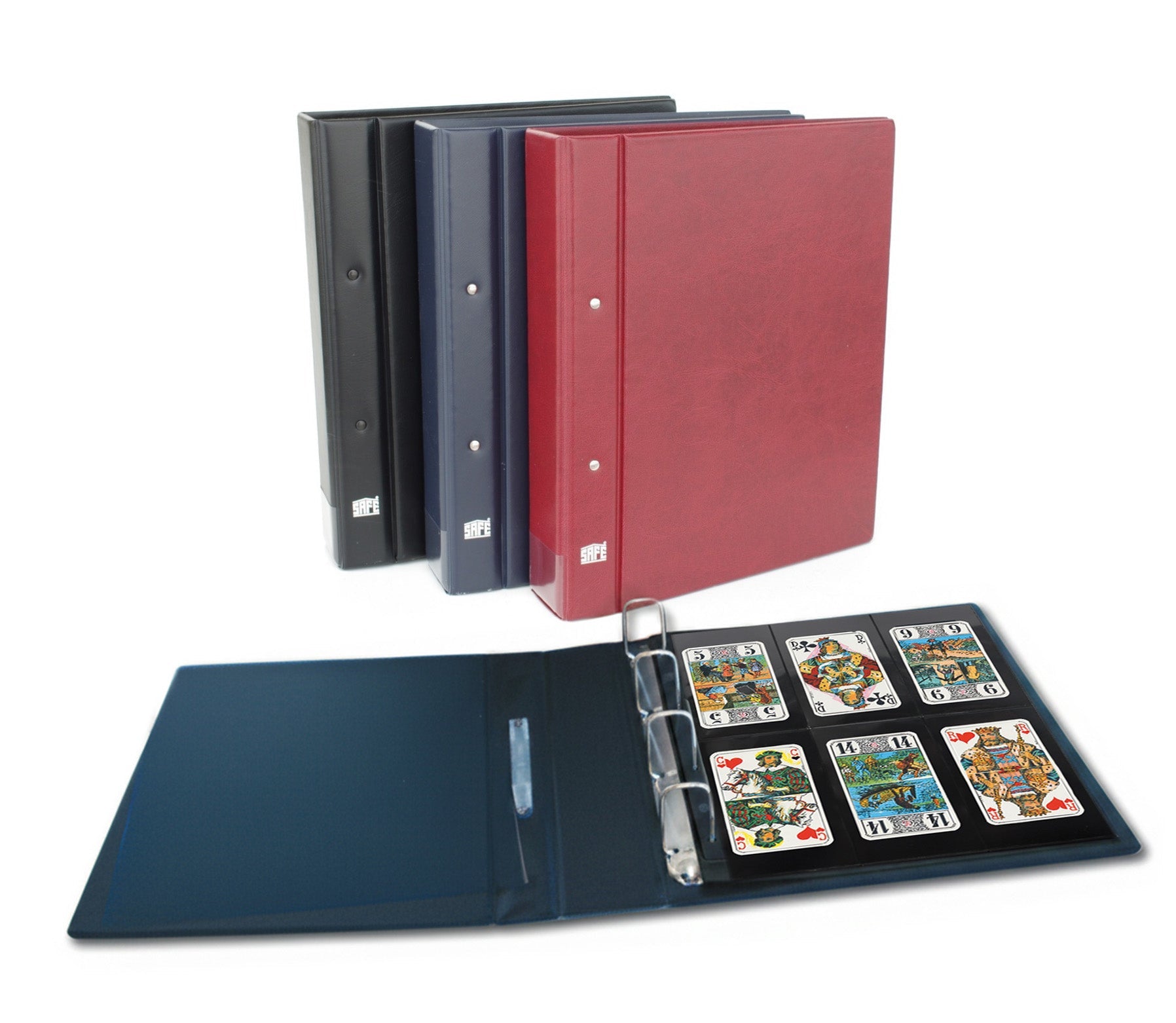 Red, black and navy blue Collecto 4-Ring Albums with a focus on an open binder displaying 6 tarot cards.