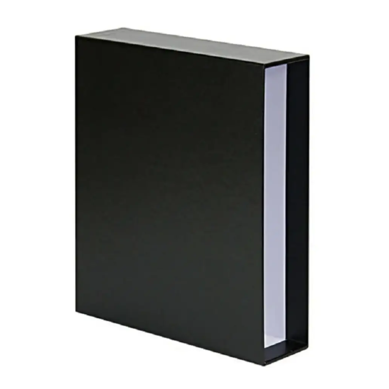 Empty black album slipcase with a white interior on a white background