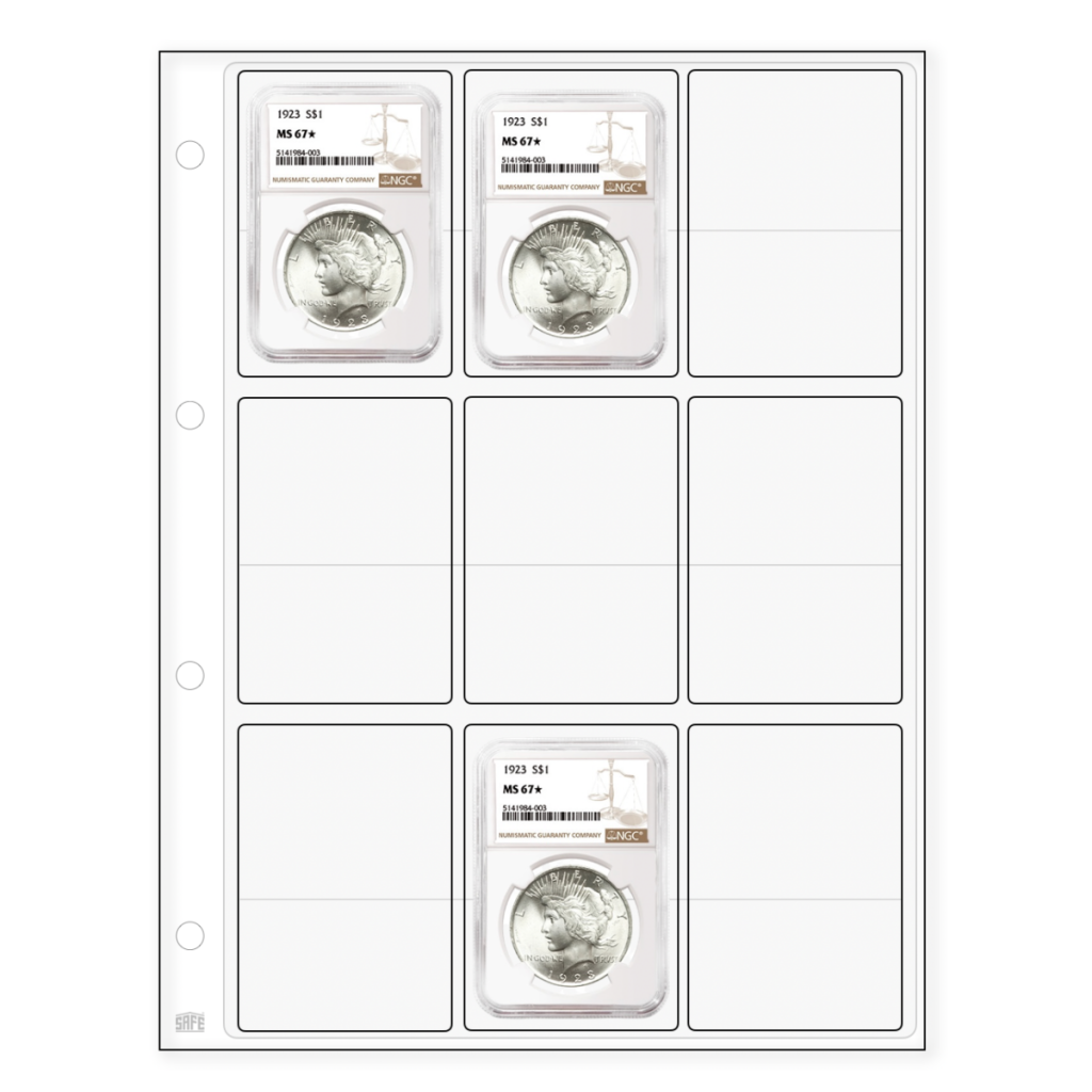 Illustration representing the transparent coin album page with 9 pockets, holding a collection of graded coin slabs on a white background