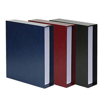 3 empty album slipcase in red, blue & black with a white interior on a white background