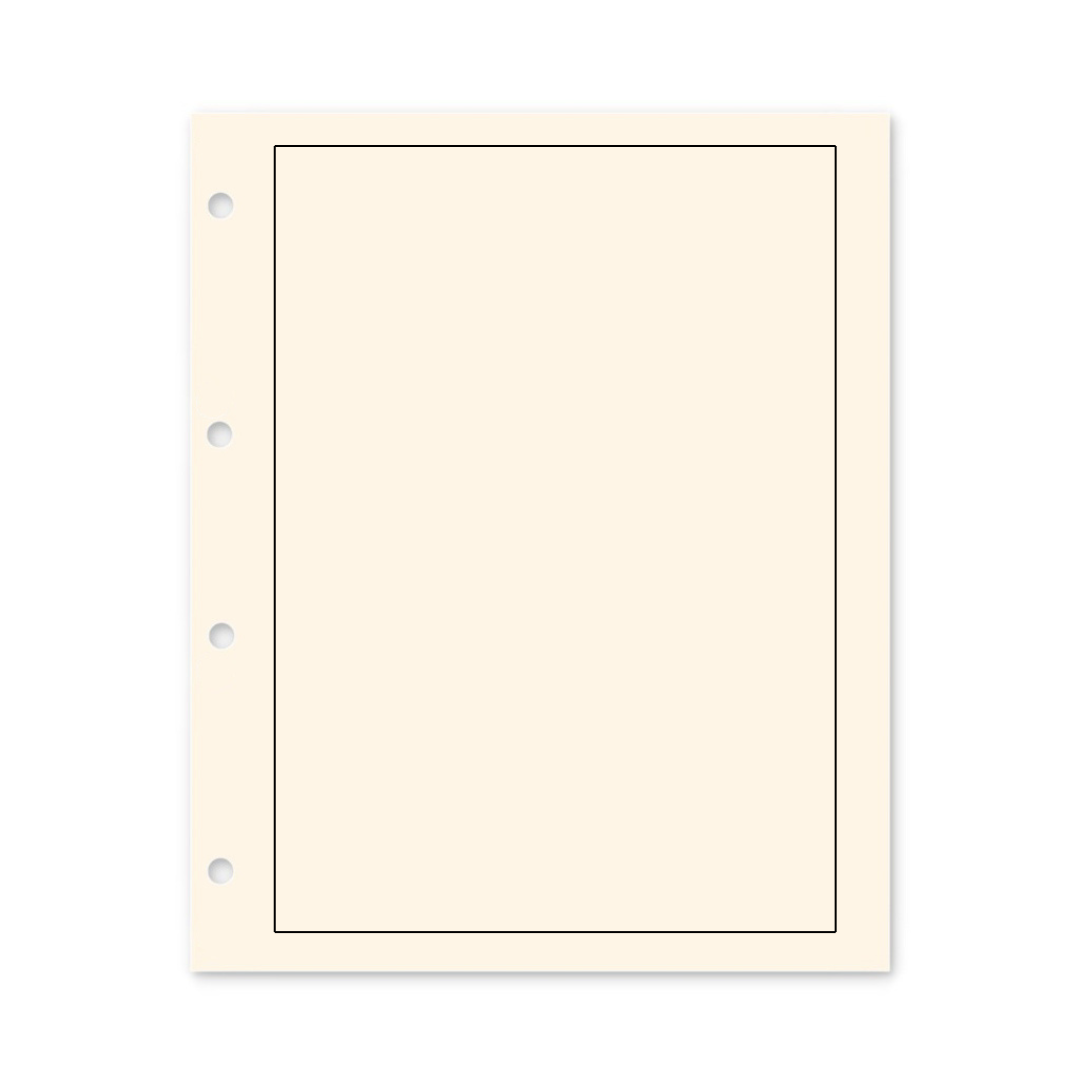 Cream colored illustration representing a stamp album exhibit page with black border & holes on a white background