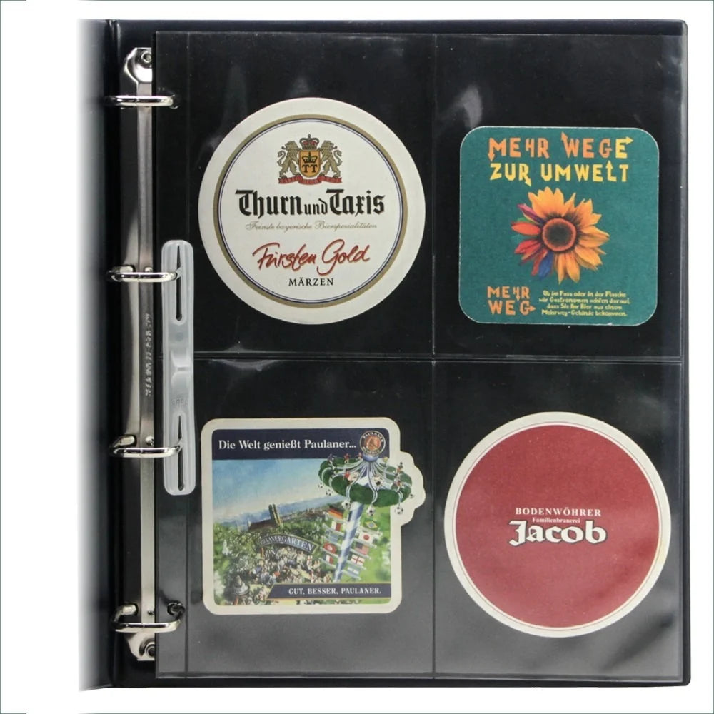 Open collection album displaying a page with 4 collectible beer coasters on a white background