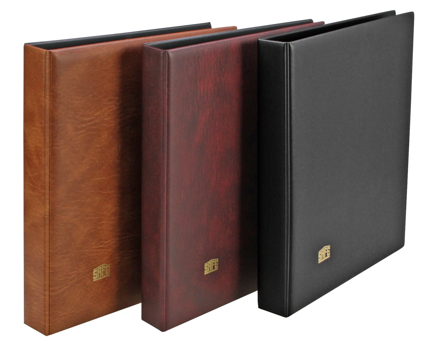 Three albums in brown, red, and black with a gold SAFE logo on a white background