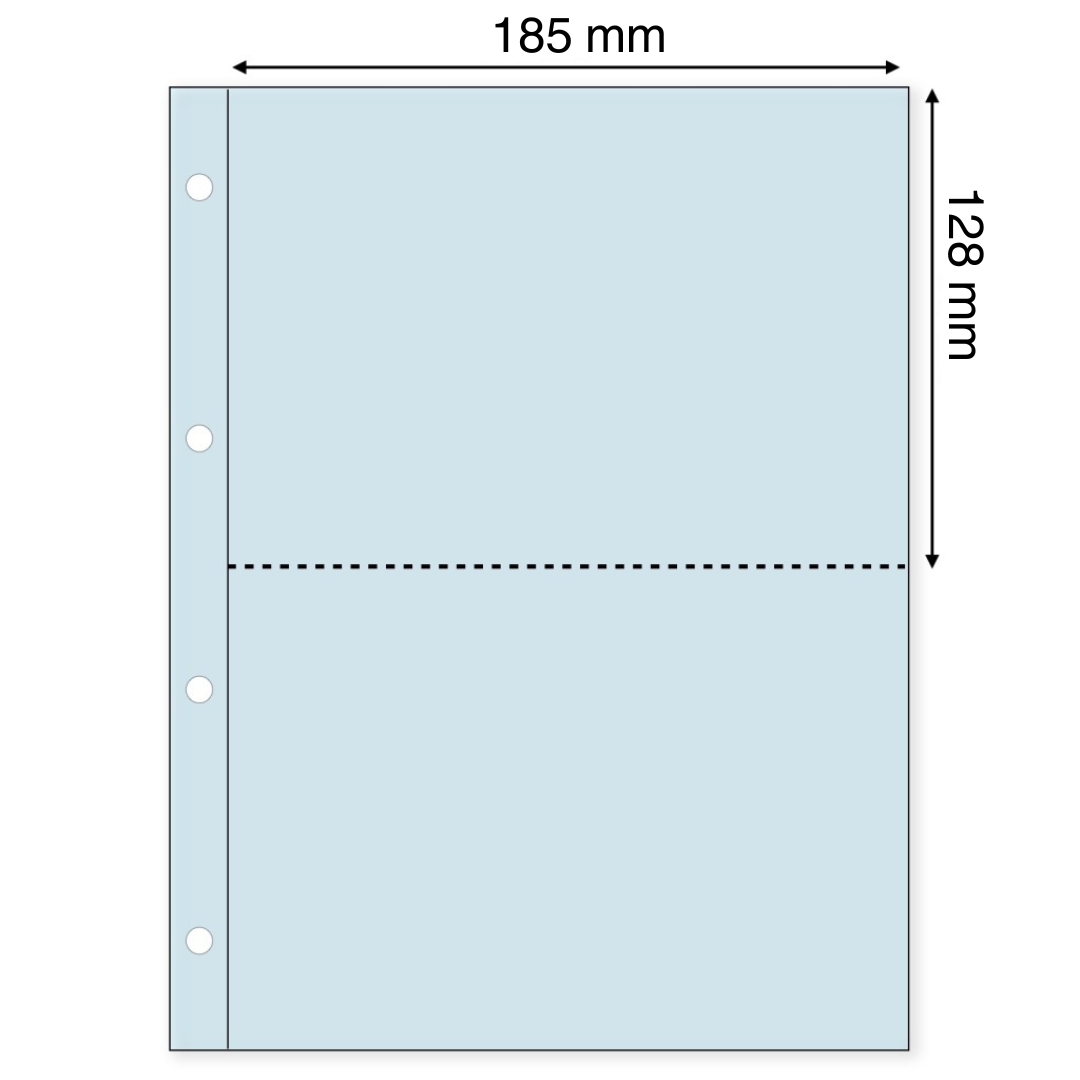 Light blue illustration representing a transparent album page with the pocket dimensions on a white background