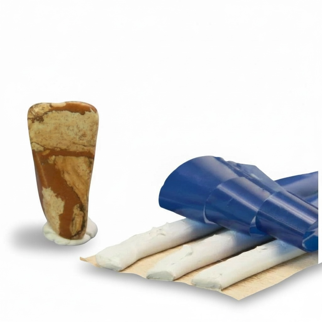 3 strips of museum mounting putty alongside a rock being stood up right, using a dot of museum mounting putty