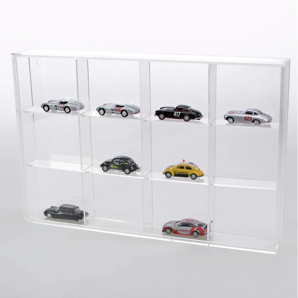 Clear acrylic display case with 12 compartments filled with various toy model cars on a white background