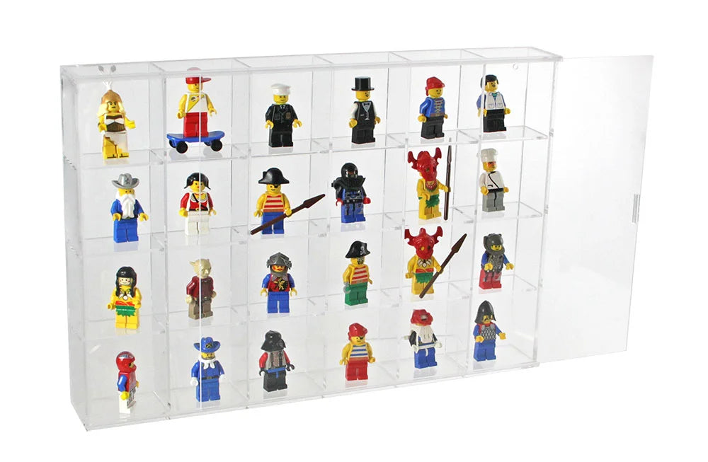 Clear acrylic display case with 24 compartments filled with various LEGO minifigures on a white background