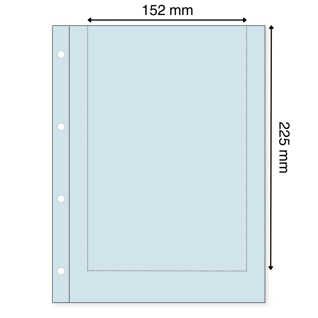 Light blue illustration representing a transparent album page with the pocket dimensions on a white background