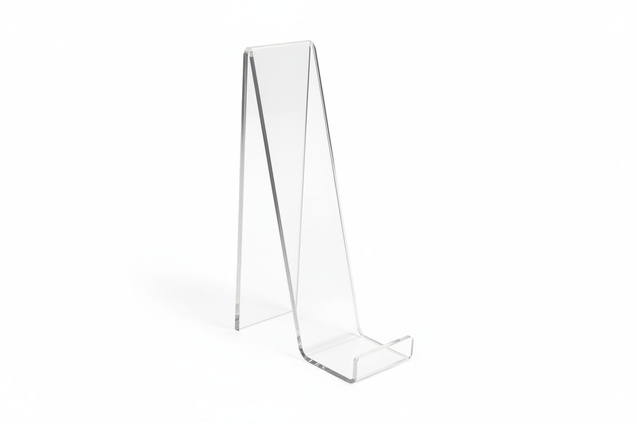 Clear acrylic display stand easel on a white background