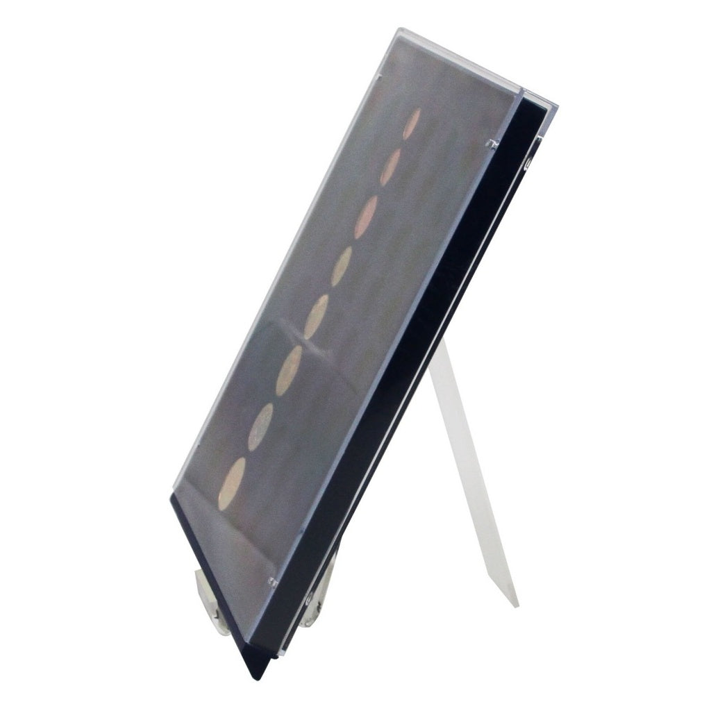 Clear acrylic display stand easel propping up a acrylic coin drawer unit on a white background