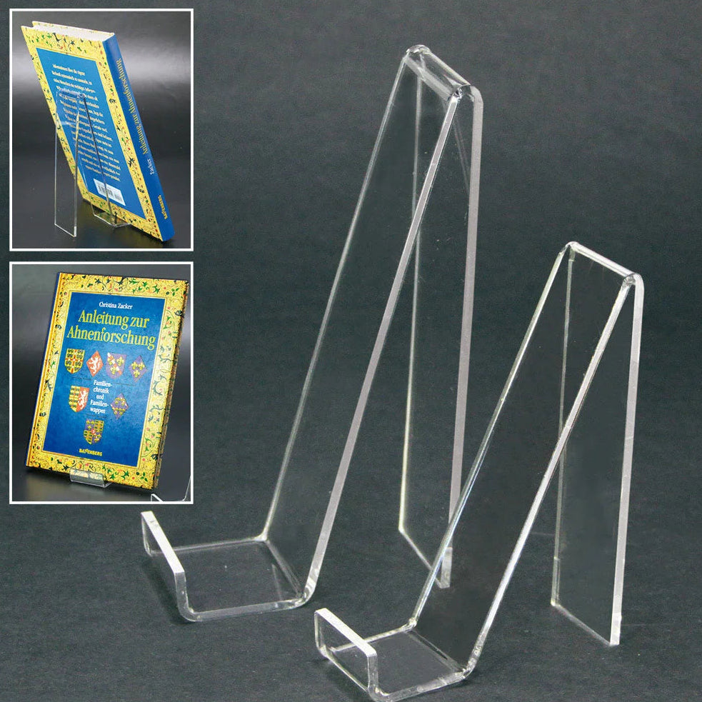 Clear acrylic display stand easel on a dark background with inset images of books.