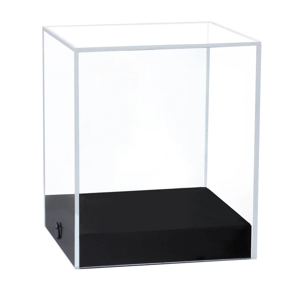 Empty acrylic display case cube with black base on a white background