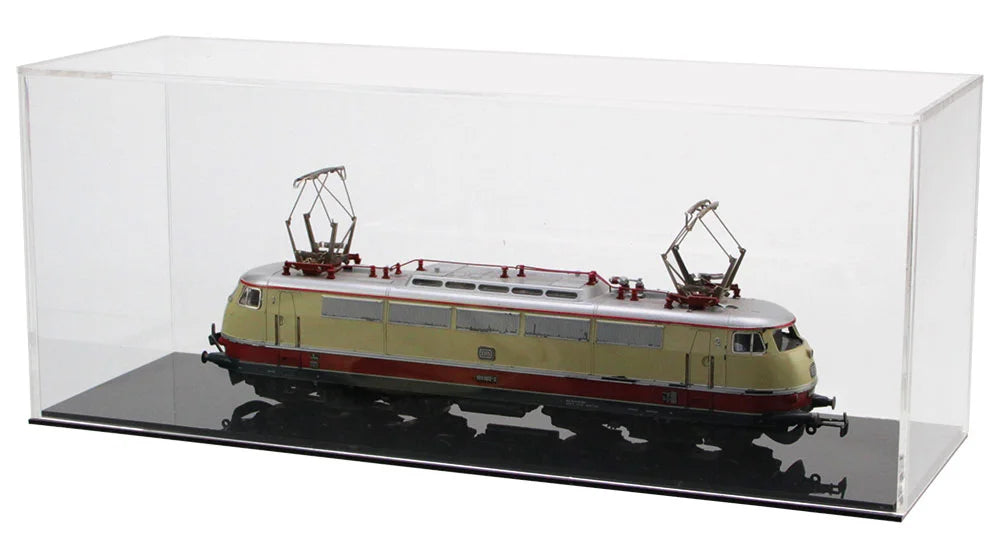 Model train in a clear acrylic display case with black bottom on a white background