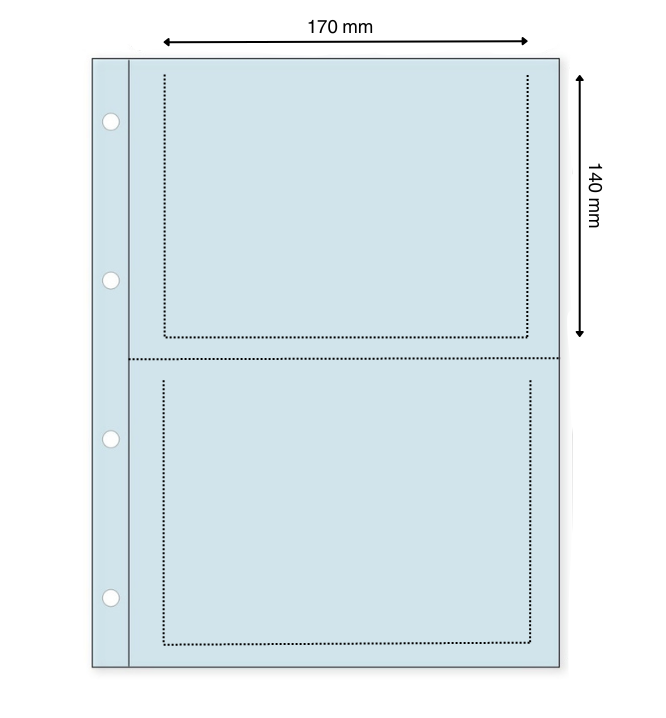 Light blue illustration representing a transparent album page with the pocket dimensions on a white background