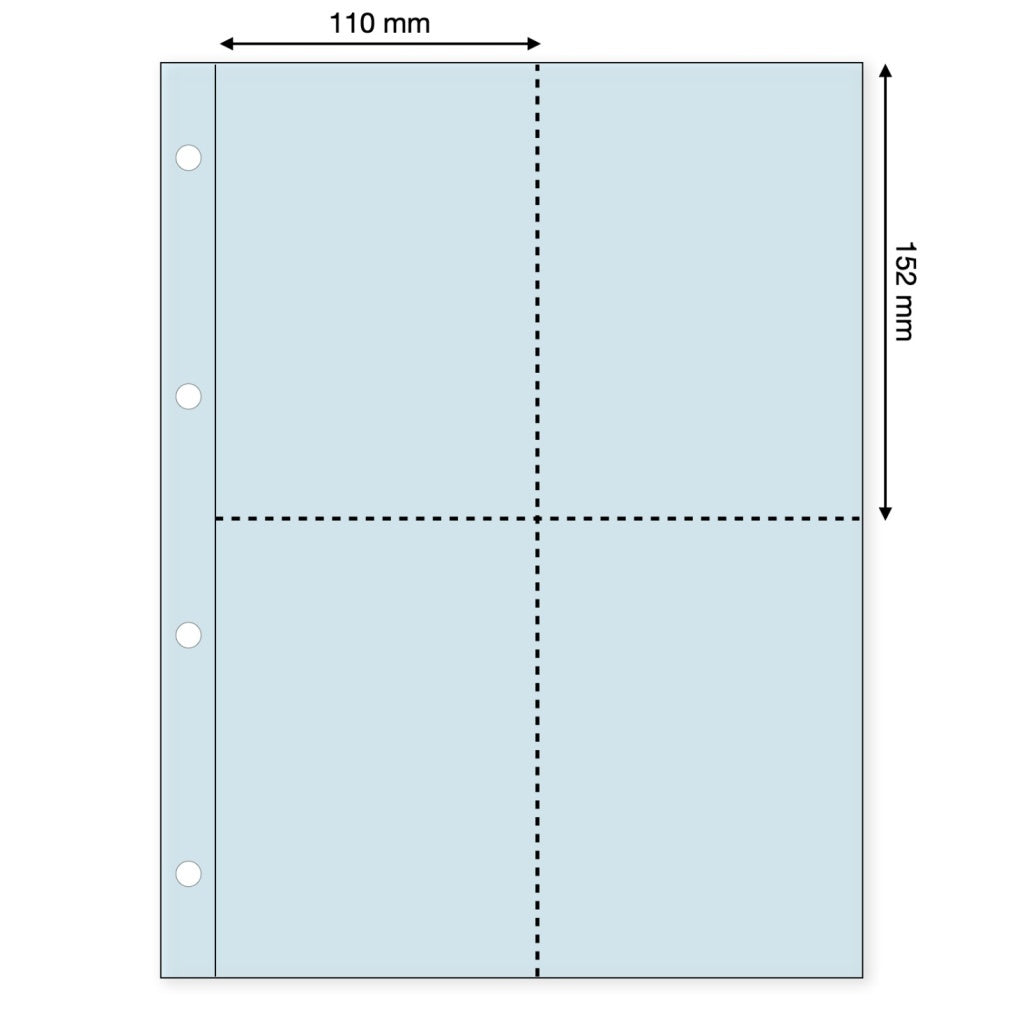 Light blue illustration representing a transparent album page with the pocket dimensions on a white background