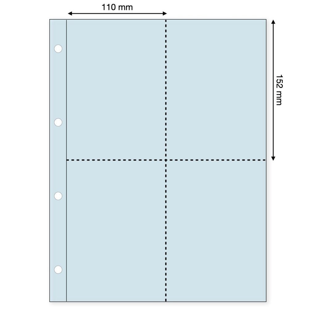 Light blue illustration representing a transparent album page with the pocket dimensions on a white background
