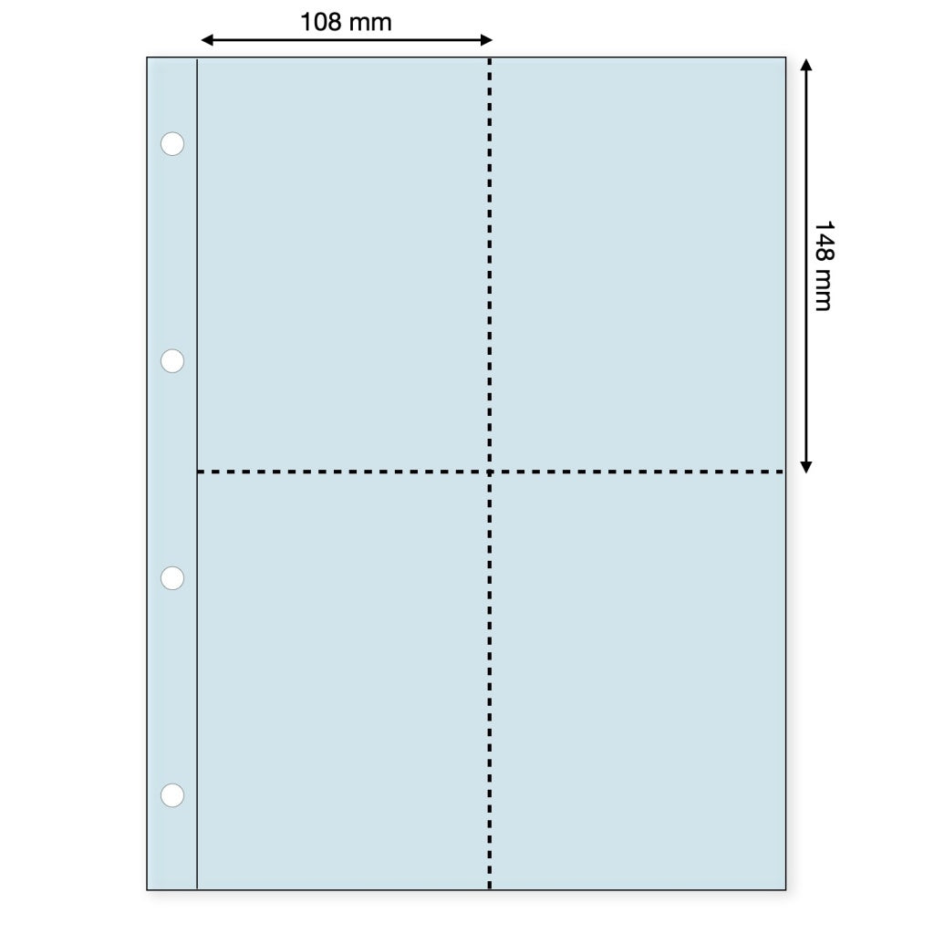 Transparent refill page for the Beer Coaster Album shown with 4 pockets and the pocket dimensions on a white background