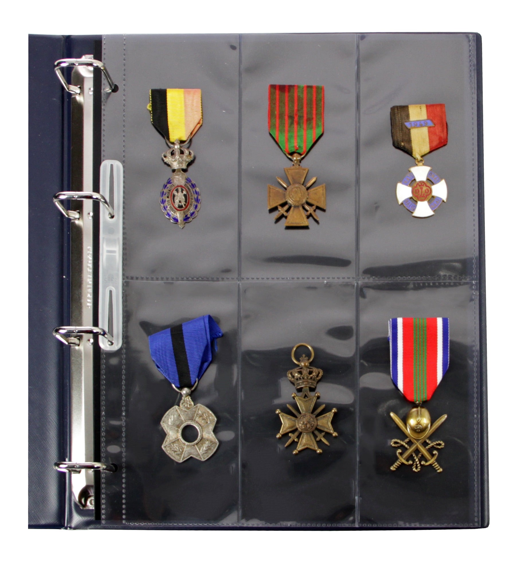 Open collection album displaying a page with 6 collectible military medals on a white background