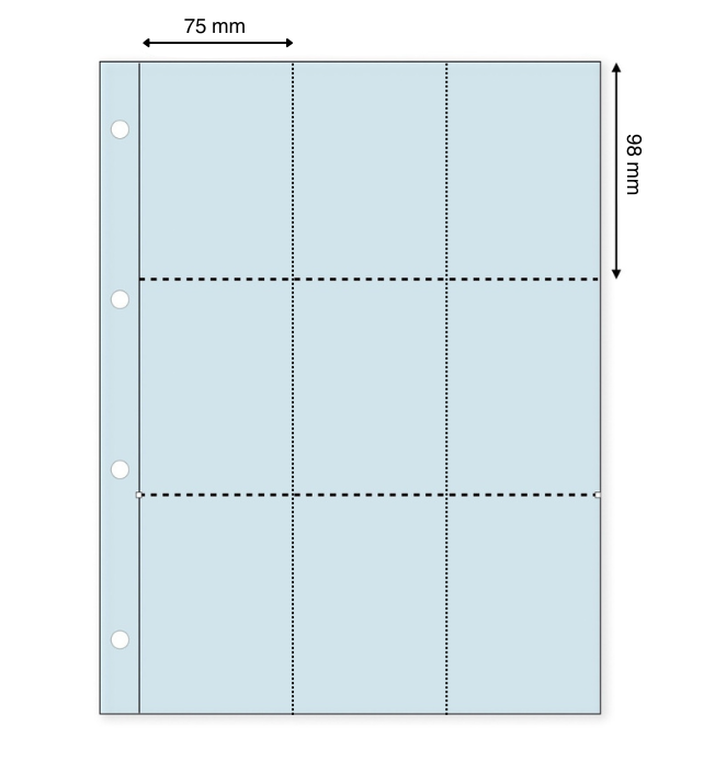 Light blue illustration representing a transparent album page with the pocket dimensions on a white background