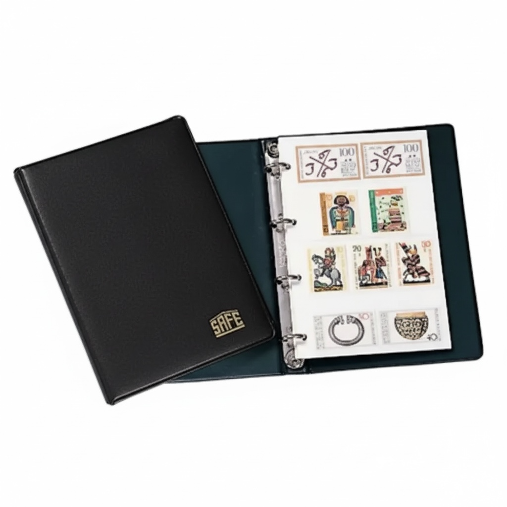 Open, black stamp album with the SAFE logo, displaying pages with collectible stamps on a white background
