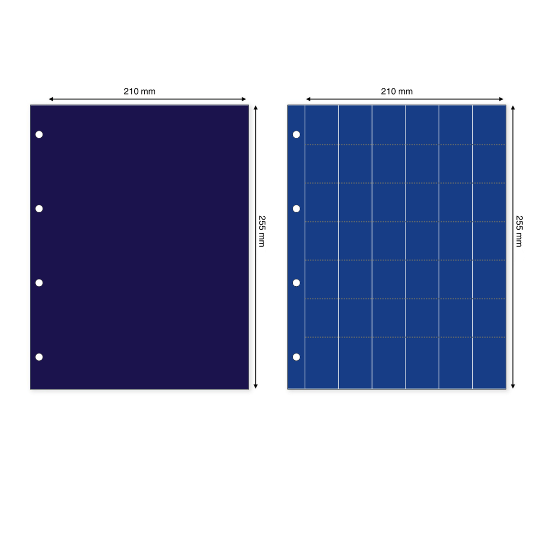 Two illustrations representing the pin album pages with the page dimensions on a white background