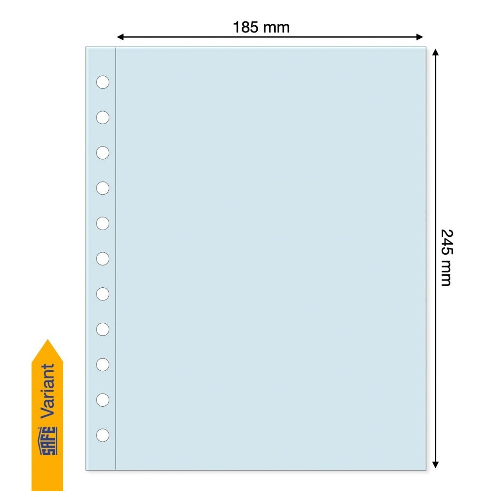 Light blue illustration representing a transparent album page with the pocket dimensions on a white background