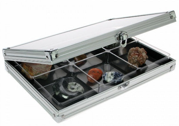 Aluminum display case with 6 compartments filled with rocks & minerals, open ajar with an acrylic lid on a white background