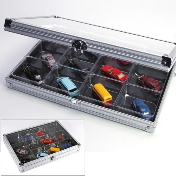 Aluminum display case with 12 compartments filled with toy model cars, open ajar with an acrylic lid on a white background