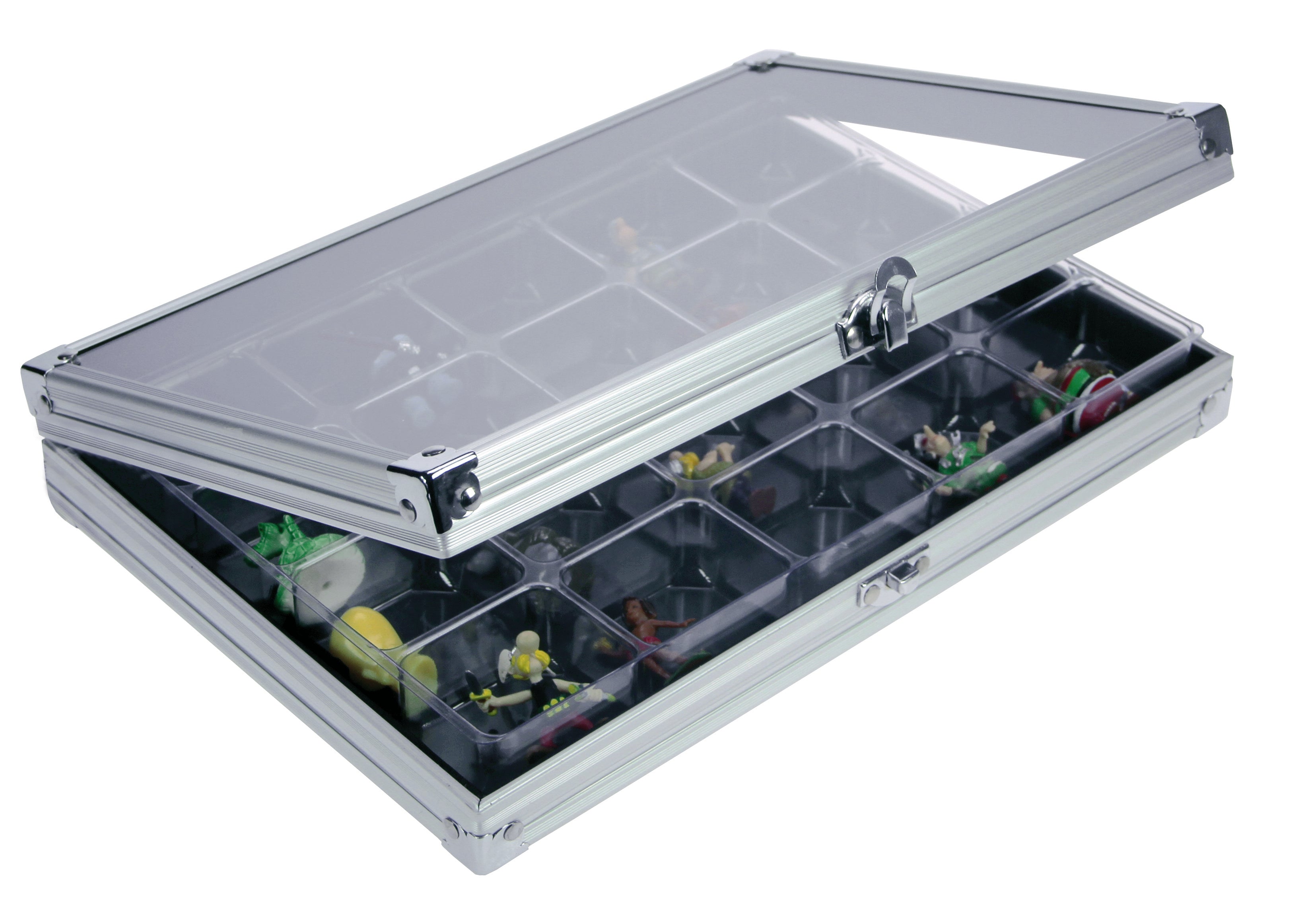 Aluminum display case with 20 compartments filled with mini figure collectibles, open ajar with an acrylic lid on a white background