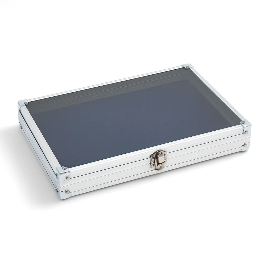 Closed aluminum display case with acrylic lid on a white background