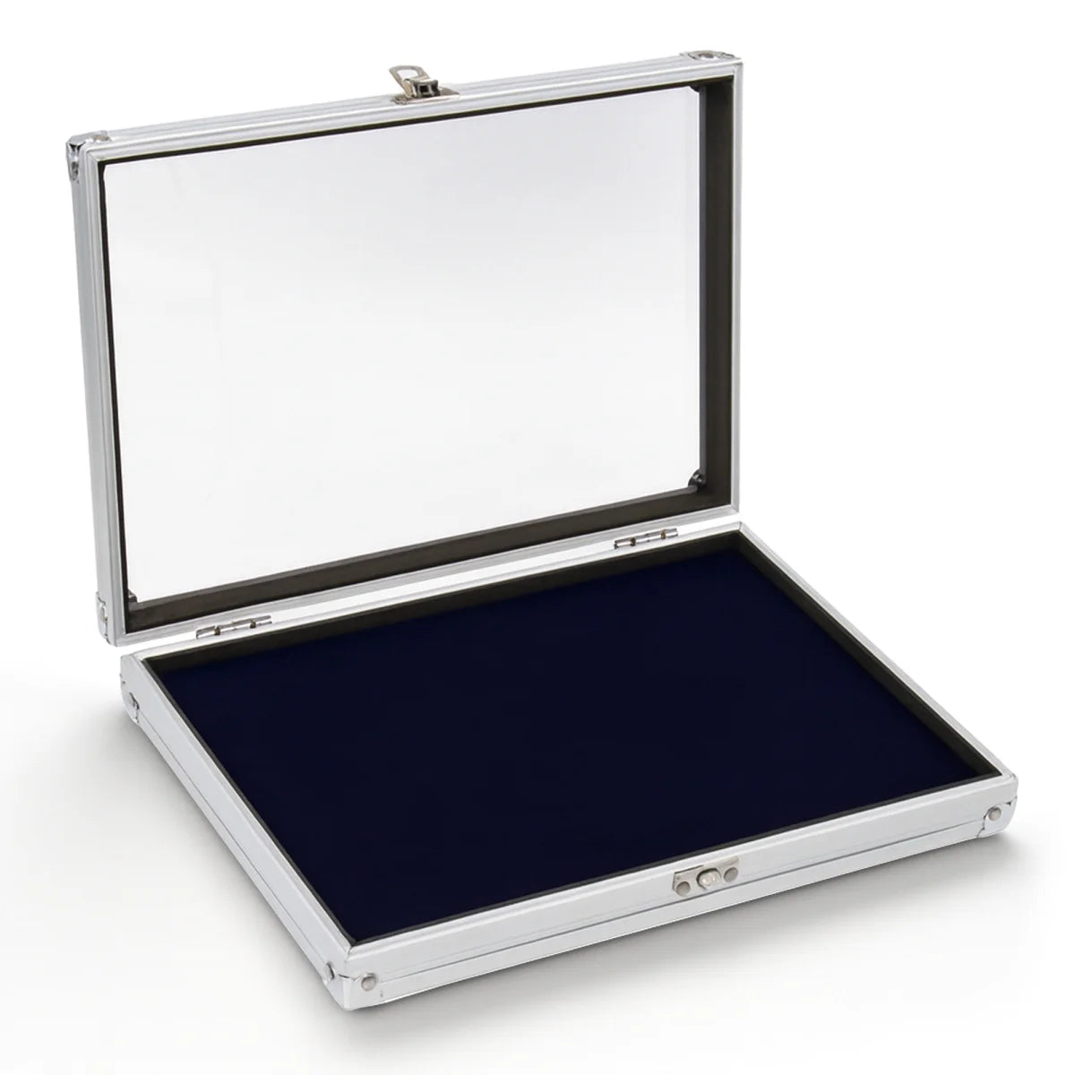 Open aluminum display case with acrylic lid on a white background