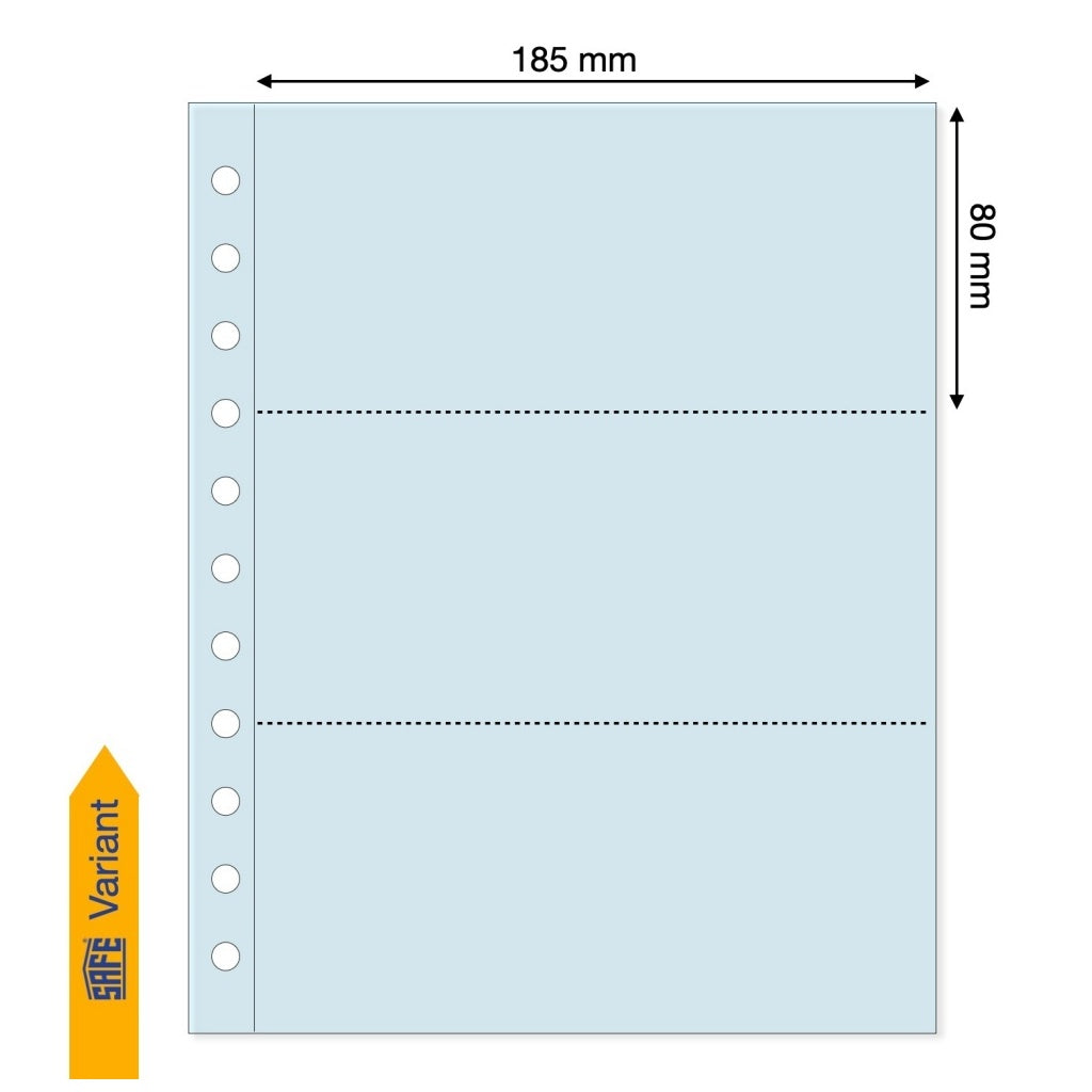 Light blue illustration representing a transparent album page with the pocket dimensions on a white background