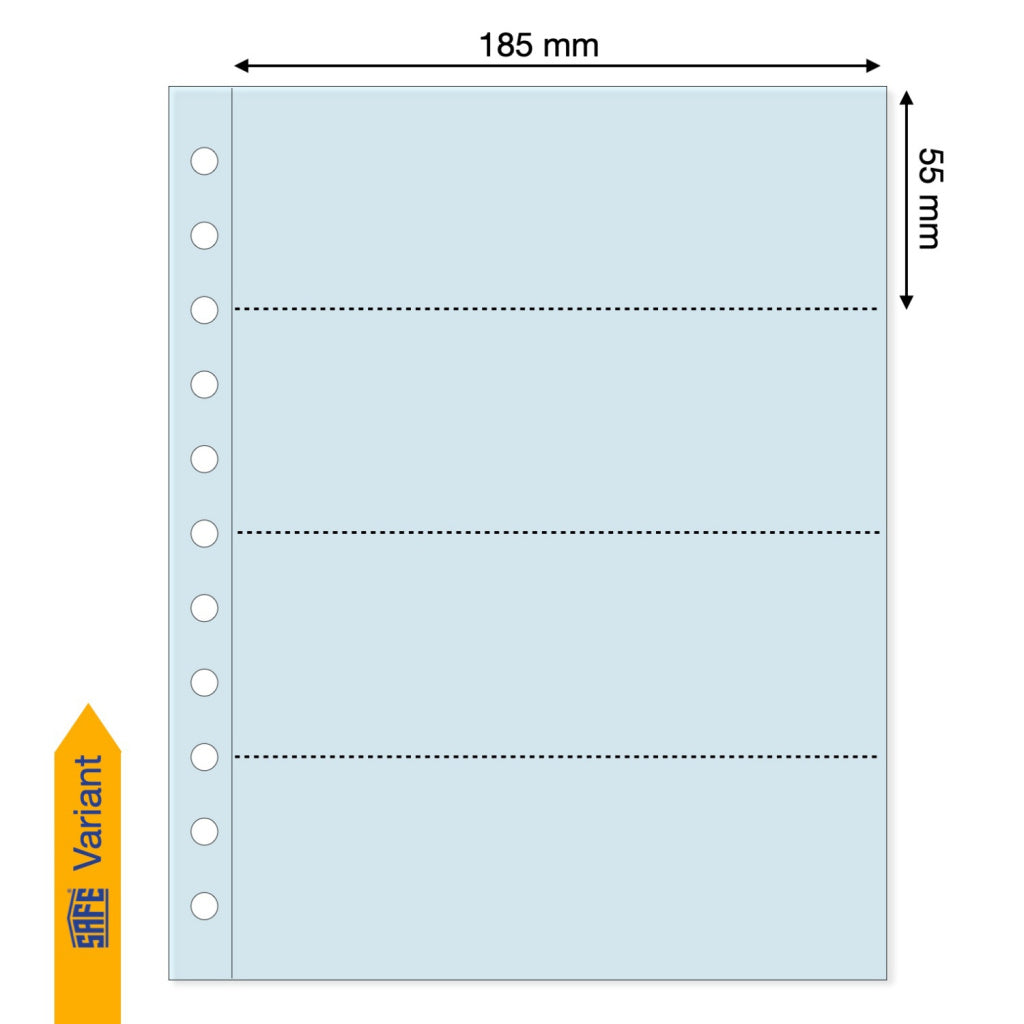 Light blue illustration representing a transparent album page with the pocket dimensions on a white background