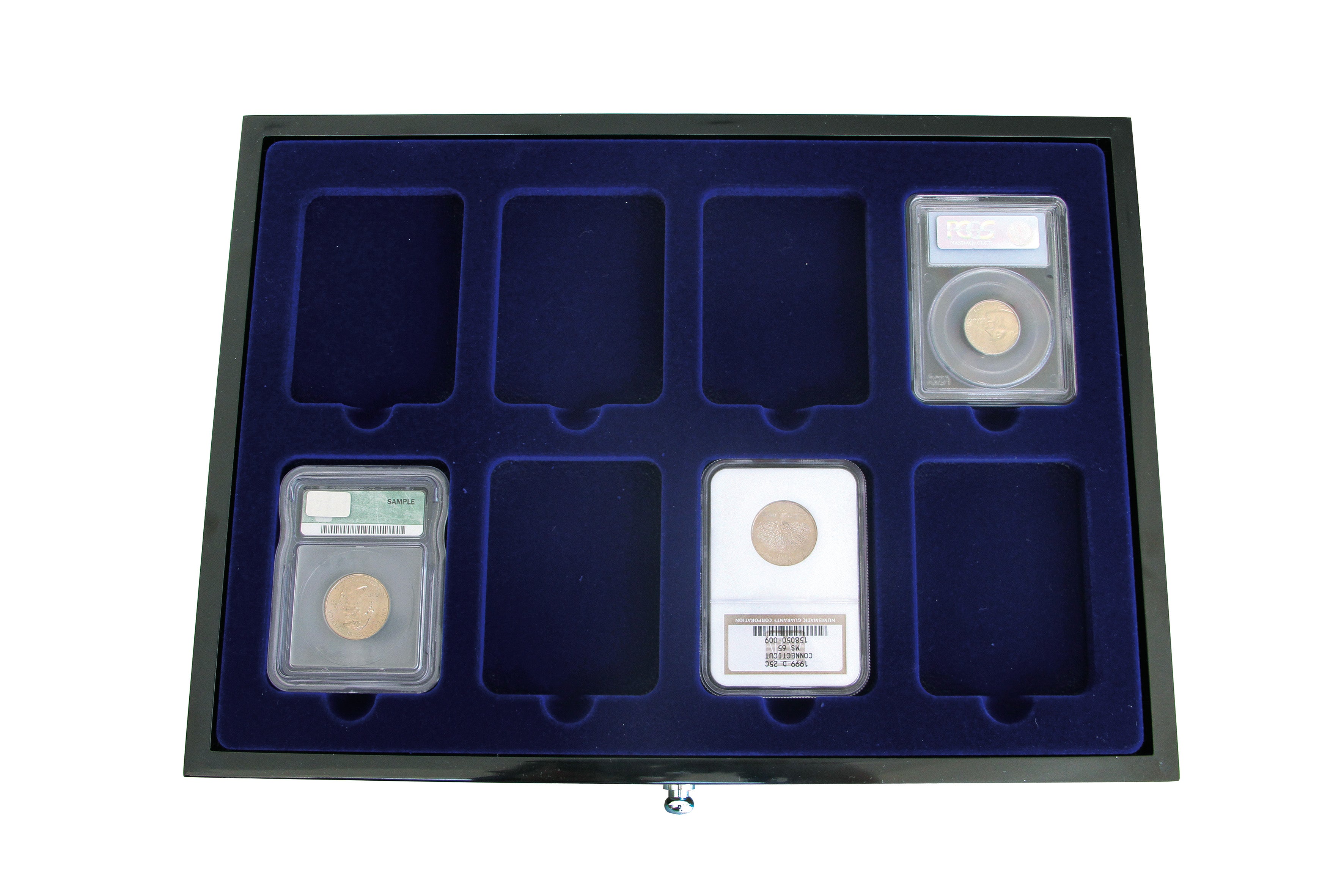 Black coin collection drawer with blue interior tray with 8 compartments for graded coin slabs on a white background