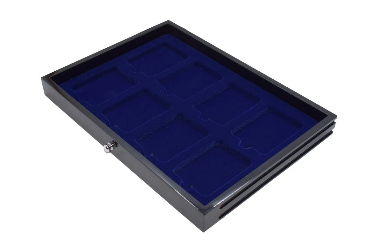 Black coin collection drawer with blue interior tray for 8 slabs on a white background