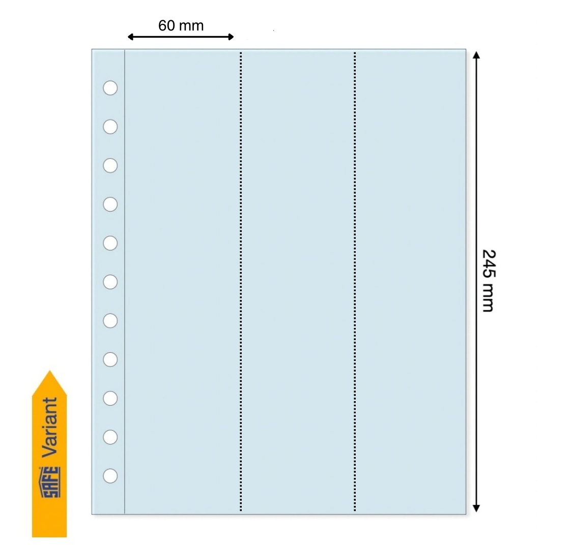 Light blue illustration representing a transparent album page with the pocket dimensions on a white background