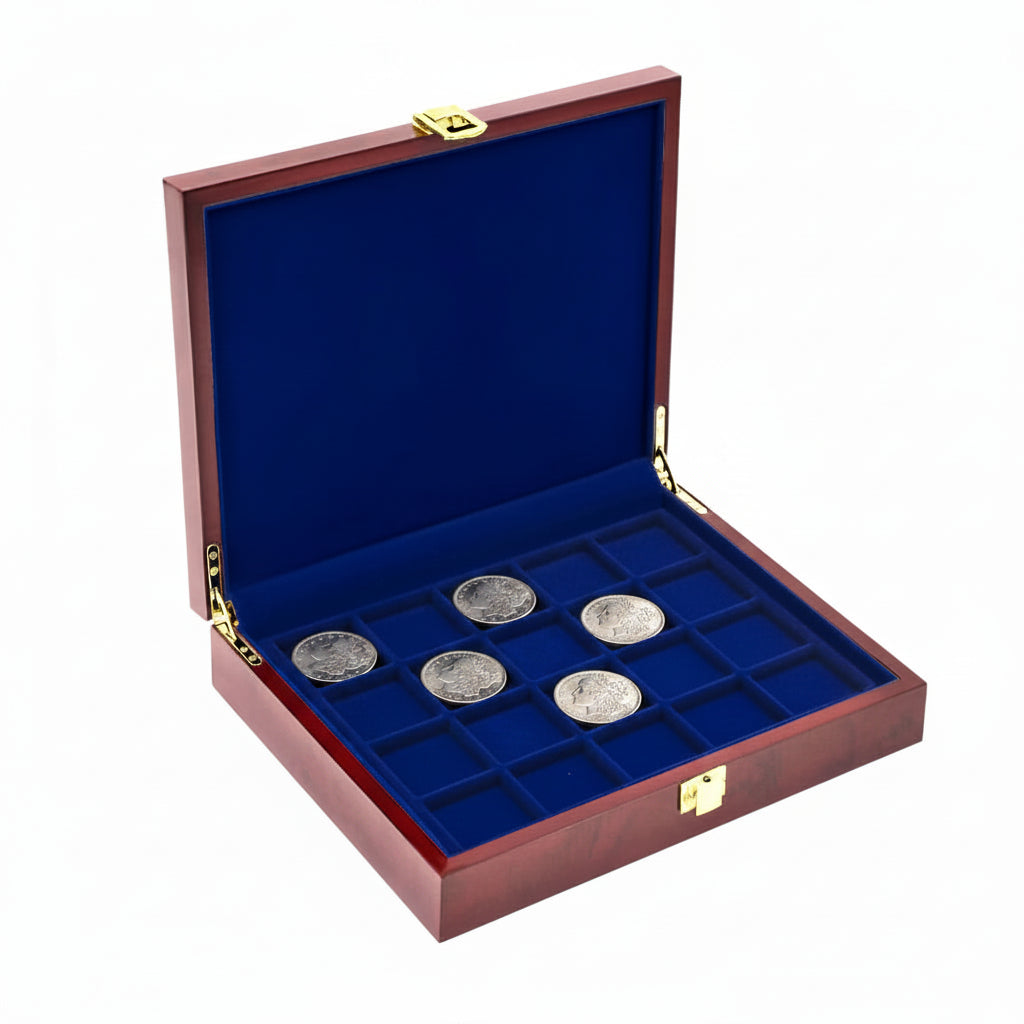 Open burlwood coin collection box with blue velvet trays holding a Morgan Dollar coin collection on a white background